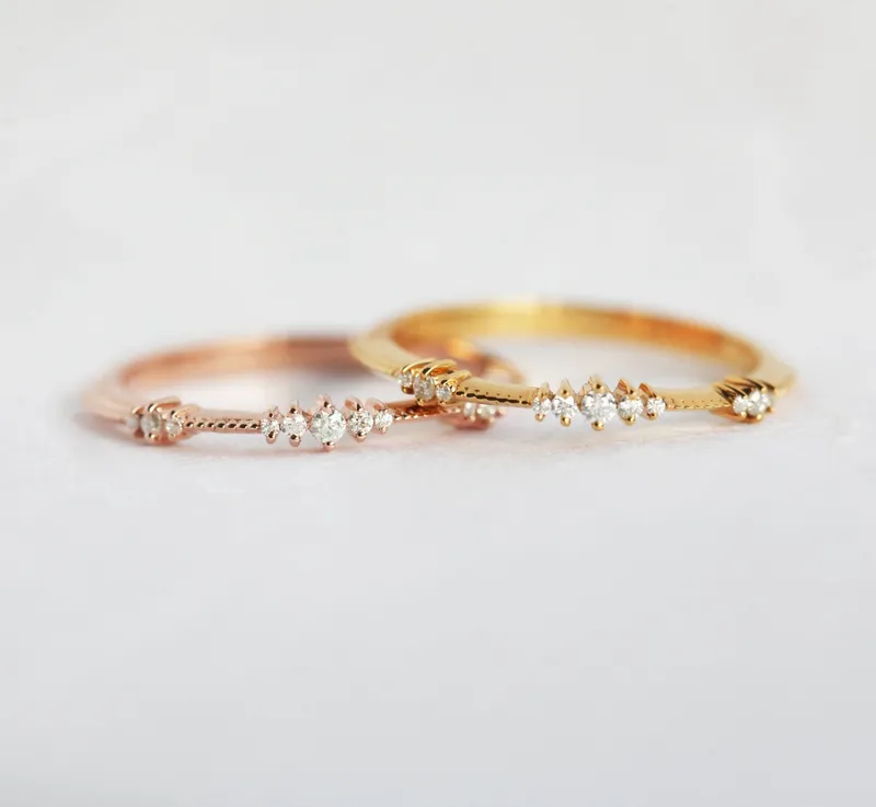 DIAMOND WEDDING BAND, DELICATE ROSE GOLD DIAMOND WEDDING RING, CLUSTERED DIAMOND RING view 5