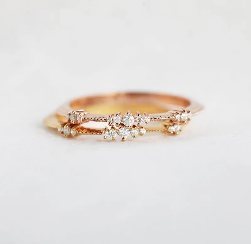 DIAMOND WEDDING BAND, DELICATE ROSE GOLD DIAMOND WEDDING RING, CLUSTERED DIAMOND RING view 6