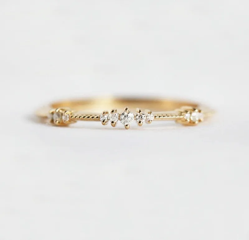 DIAMOND WEDDING BAND, DELICATE ROSE GOLD DIAMOND WEDDING RING, CLUSTERED DIAMOND RING view 7