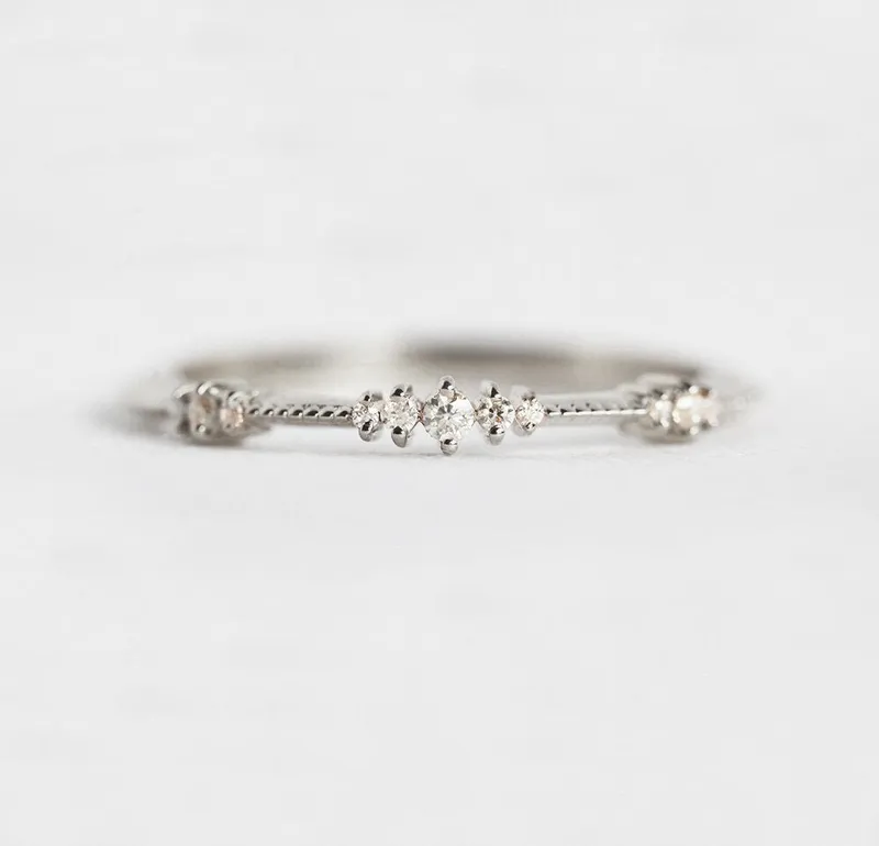DIAMOND WEDDING BAND, DELICATE ROSE GOLD DIAMOND WEDDING RING, CLUSTERED DIAMOND RING view 8