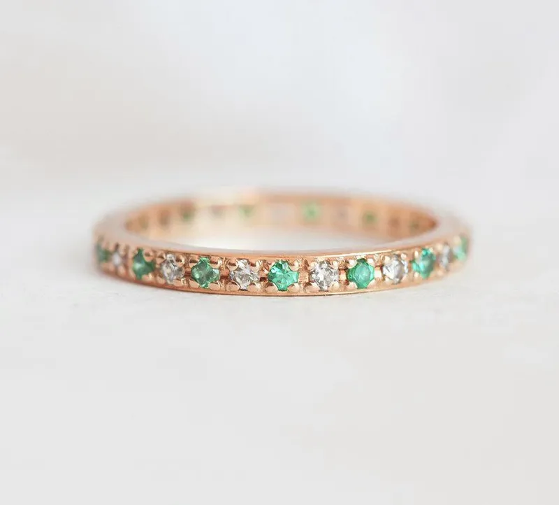 DIAMOND AND EMERALD FULL ETERNITY WEDDING BAND view 4