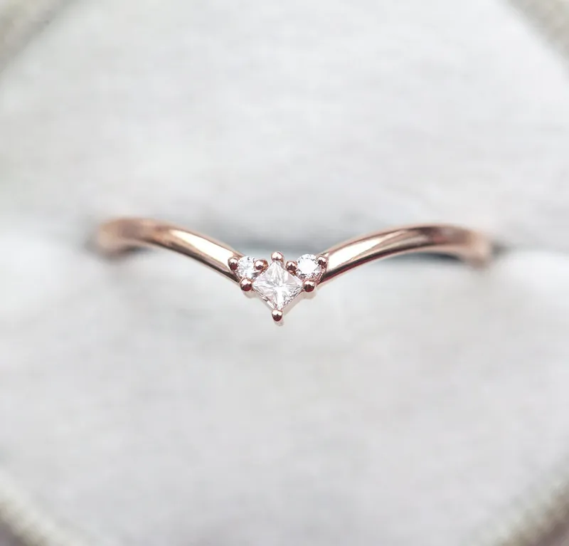 Diamond Wedding Band, Chevron Ring, Rose Gold Ring, V Shaped Ring, Platinum Curved Nesting Band view 2