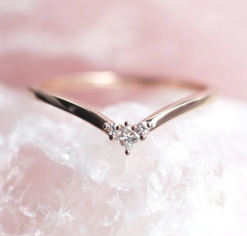 Diamond Wedding Band, Chevron Ring, Rose Gold Ring, V Shaped Ring, Platinum Curved Nesting Band view 3