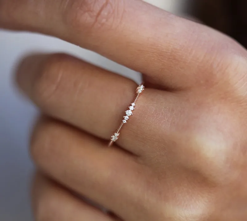 DIAMOND WEDDING BAND, DELICATE ROSE GOLD DIAMOND WEDDING RING, CLUSTERED DIAMOND RING view 2