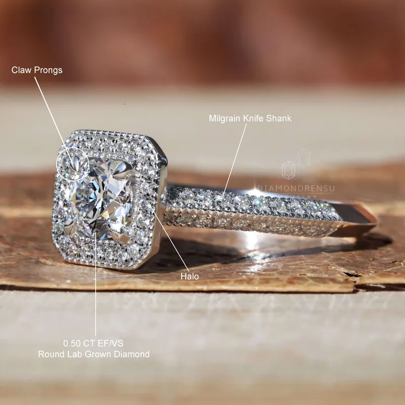 0.50 CT Round Diamond Ring, Vintage Style Lab Grown Diamond Halo Engagement Ring view 9