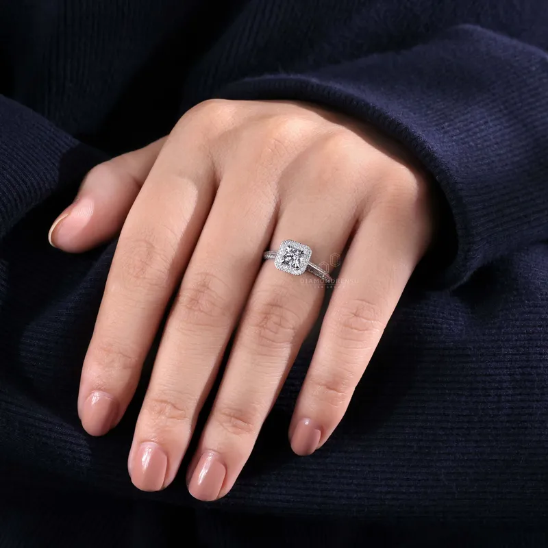 0.50 CT Round Diamond Ring, Vintage Style Lab Grown Diamond Halo Engagement Ring view 4