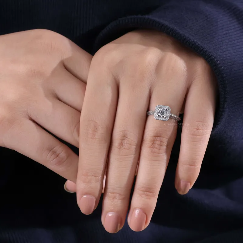 0.50 CT Round Diamond Ring, Vintage Style Lab Grown Diamond Halo Engagement Ring view 2