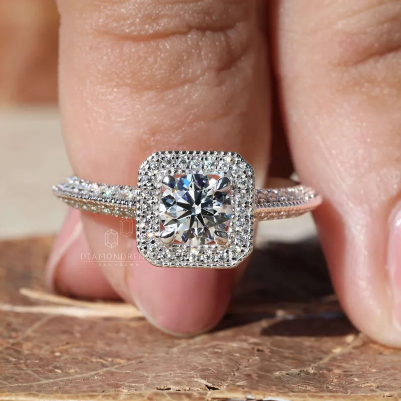 0.50 CT Round Diamond Ring, Vintage Style Lab Grown Diamond Halo Engagement Ring view 6