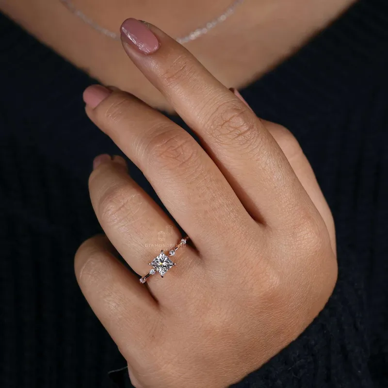 0.50 to 2.0 CT Princess Cut Lab Grown Diamond Distance Pave Engagement Ring vy 2