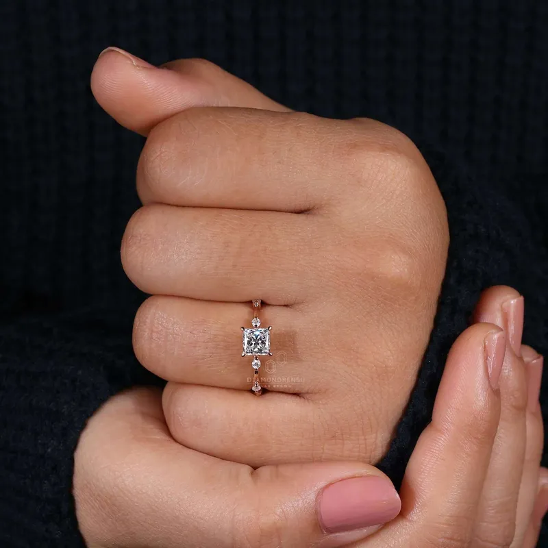 0.50 to 2.0 CT Princess Cut Lab Grown Diamond Distance Pave Engagement Ring vy 4