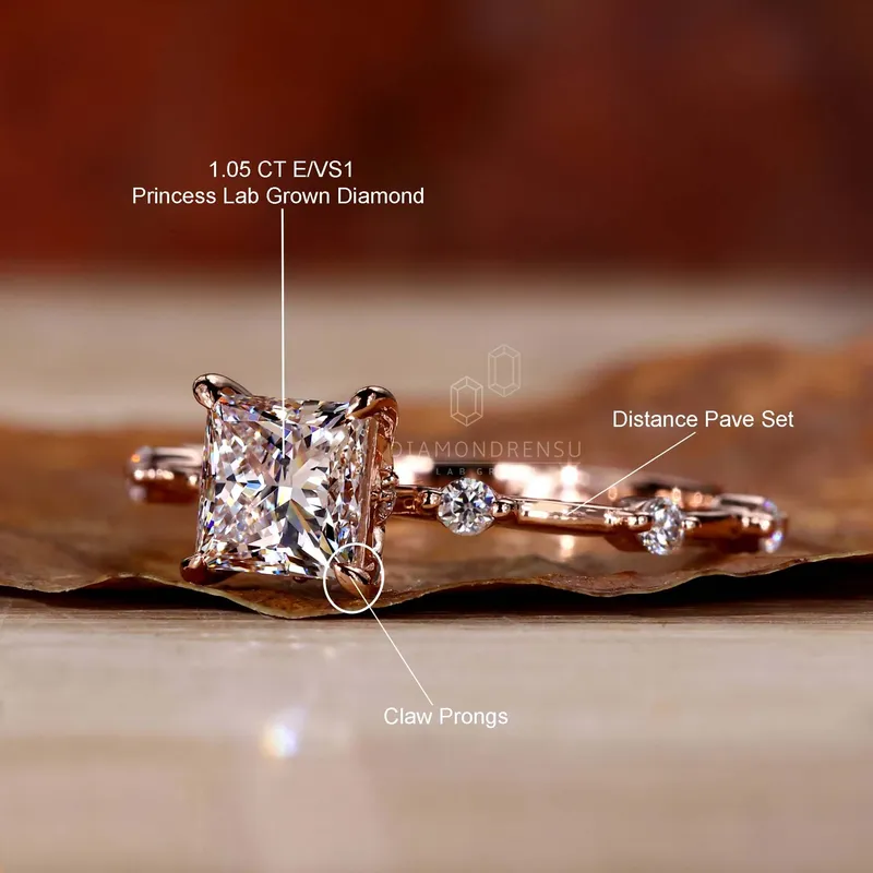 0.50 to 2.0 CT Princess Cut Lab Grown Diamond Distance Pave Engagement Ring vy 9