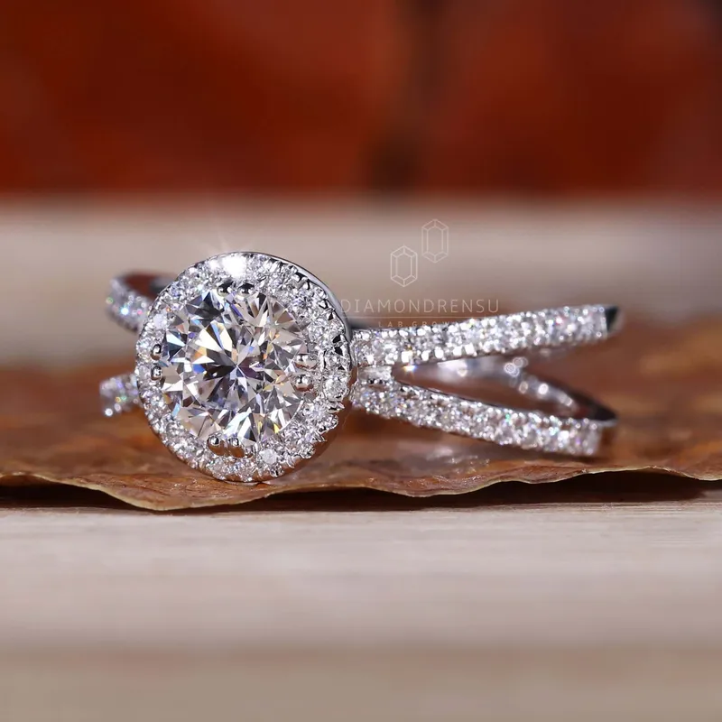 0.50 to 2.0 CT Round Lab Grown Diamond Halo - Split Shank Engagement Ring view 4