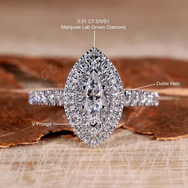 0.51 CT Marquise Cut Lab Grown Diamond Double Halo Engagement Ring vy 9