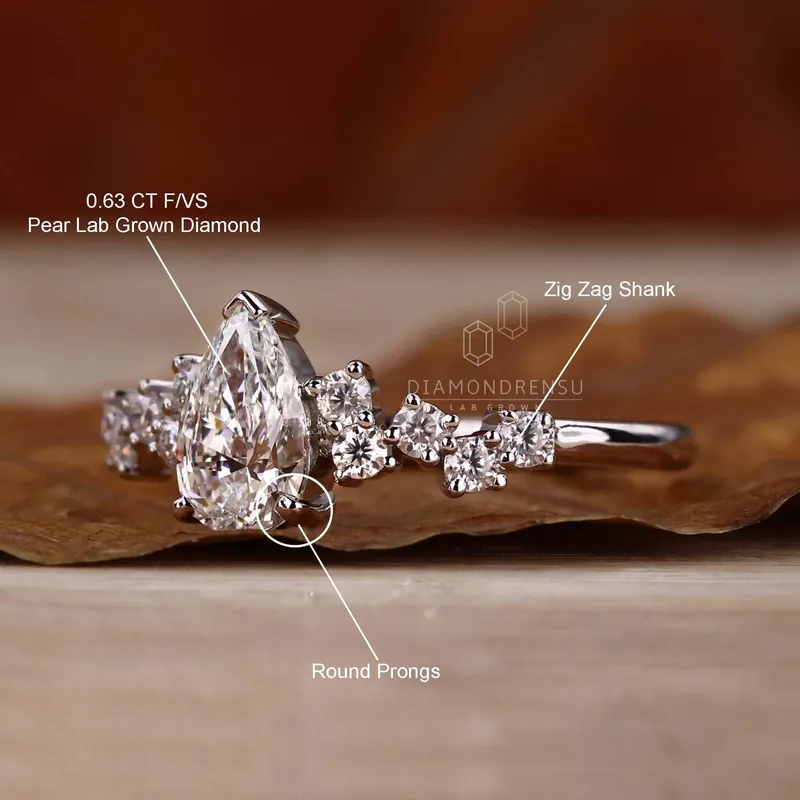0.60 - 2.0 CT F/VS Pear Cut Lab Grown Diamond Zig Zag Pave Engagement Ring vy 9