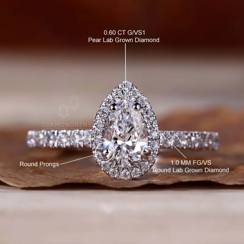0.60 CT Pear Cut Lab Grown Diamond Halo Engagement Ring view 9