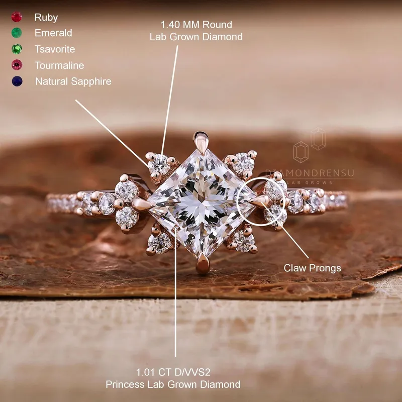 1 CT Princess Cut Lab Grown Diamond Unique Compass Prong Setting Engagement Ring vy 9