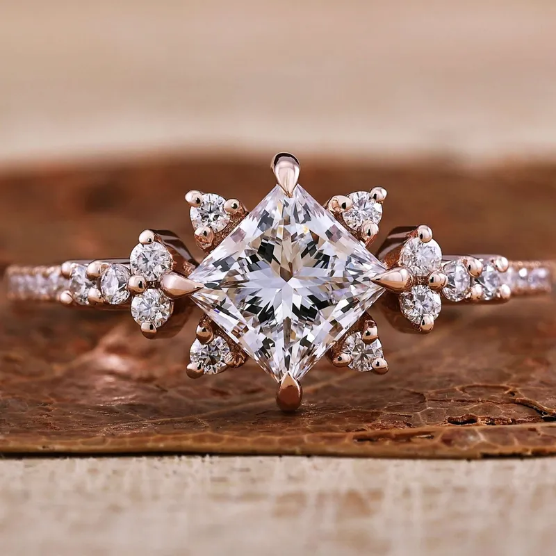 1 CT Princess Cut Lab Grown Diamond Unique Compass Prong Setting Engagement Ring round cut engagement ring