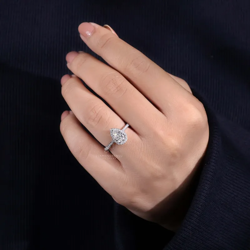 1 carat Pear Shaped Diamond Ring, Pear Lab Grown Diamond Halo Engagement Ring view 2