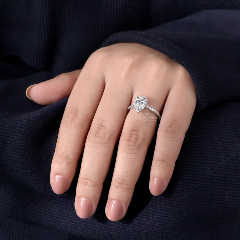 1 carat Pear Shaped Diamond Ring, Pear Lab Grown Diamond Halo Engagement Ring view 7