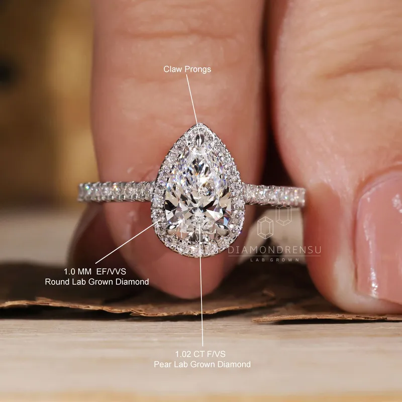1 carat Pear Shaped Diamond Ring, Pear Lab Grown Diamond Halo Engagement Ring view 9