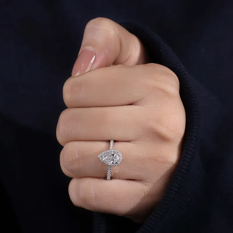 1 carat Pear Shaped Diamond Ring, Pear Lab Grown Diamond Halo Engagement Ring view 4