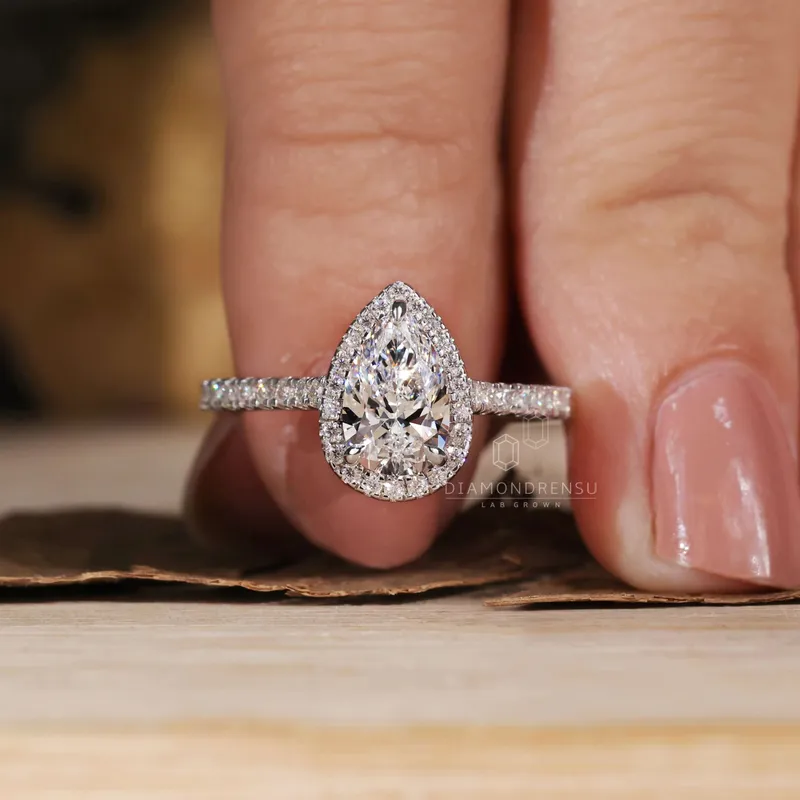 1 carat Pear Shaped Diamond Ring, Pear Lab Grown Diamond Halo Engagement Ring view 5