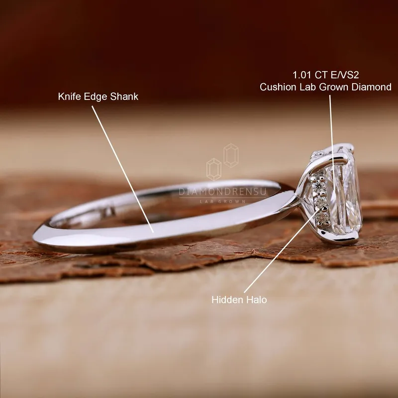 1.01 CT Elongated Cushion Cut Lab Grown Diamond Ring, Knife Edge Band vy 4