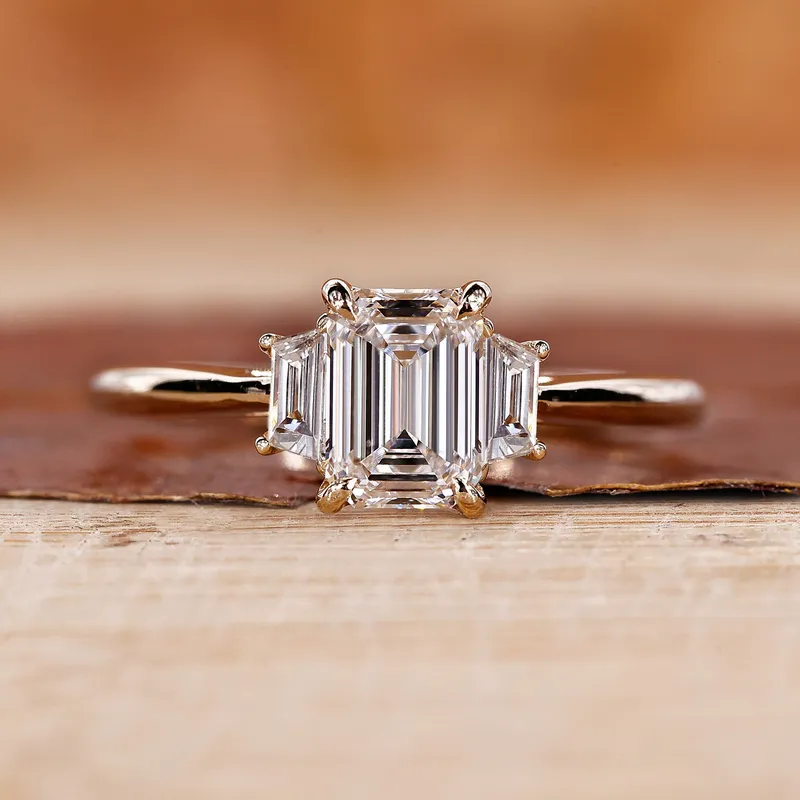1.01 CT Emerald Cut Lab Grown Diamond Ring, Side Trapezoid Three Stone Diamond Ring emerald emerald cut engagement ring