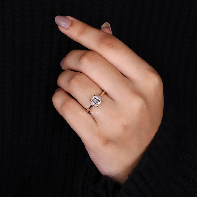 1.01 CT Emerald Cut Lab Grown Diamond Ring, Side Trapezoid Three Stone Diamond Ring vy 9