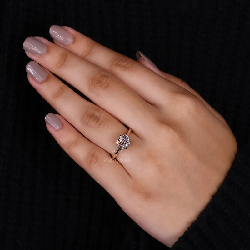 1.01 CT Emerald Cut Lab Grown Diamond Ring, Side Trapezoid Three Stone Diamond Ring vy 6