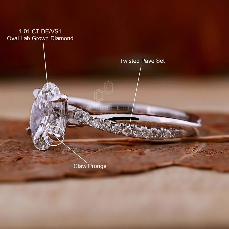 1.01 CT Oval Cut Lab Grown Diamond Engagement Ring, Twisted Band view 9