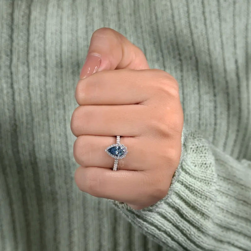 1.01 CT Pear Blue Diamond Ring, Pear Lab Grown Blue Diamond Engagement Ring vy 8