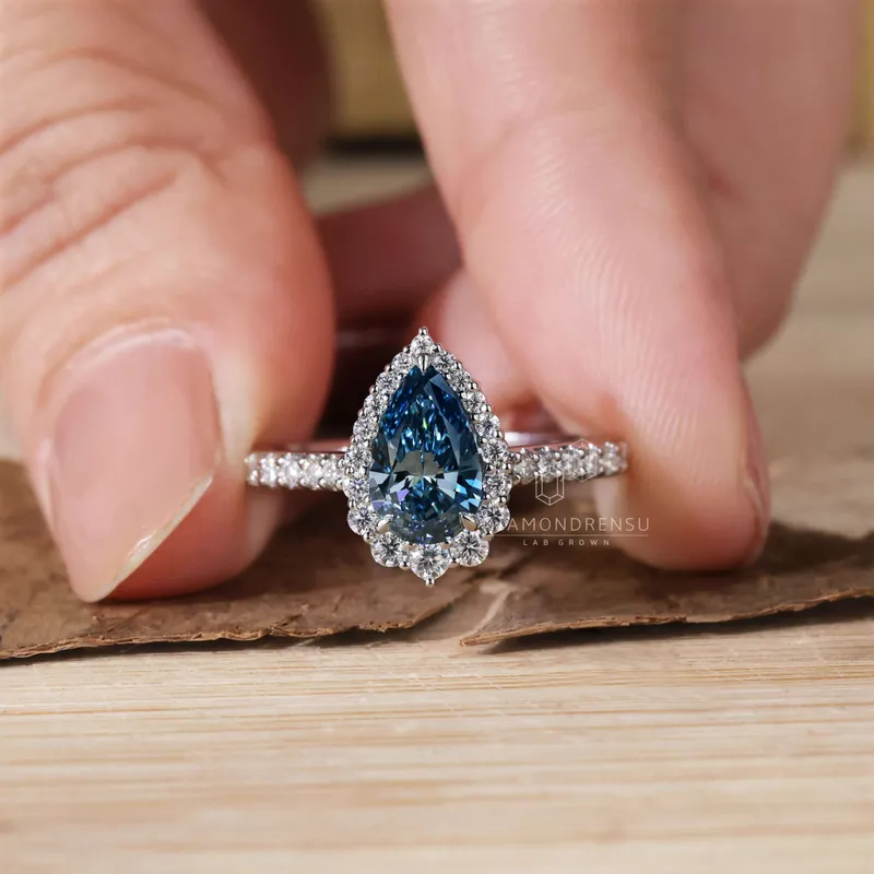 1.01 CT Pear Blue Diamond Ring, Pear Lab Grown Blue Diamond Engagement Ring vy 4