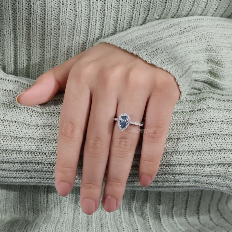 1.01 CT Pear Blue Diamond Ring, Pear Lab Grown Blue Diamond Engagement Ring vy 7