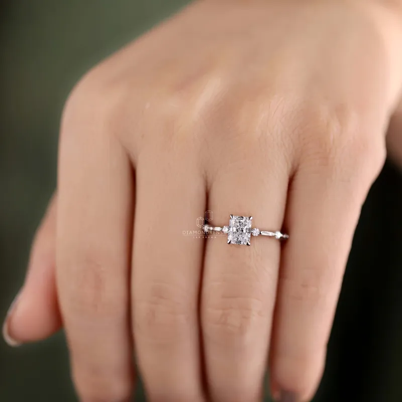 1.01 CT Radiant Cut E/VS Lab Created Diamond Engagement Ring, Distance Pave Setting Ring vy 7