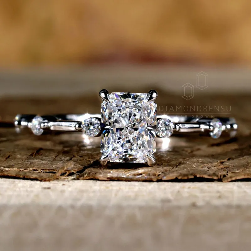 1.01 CT Radiant Cut E/VS Lab Created Diamond Engagement Ring, Distance Pave Setting Ring vy 5