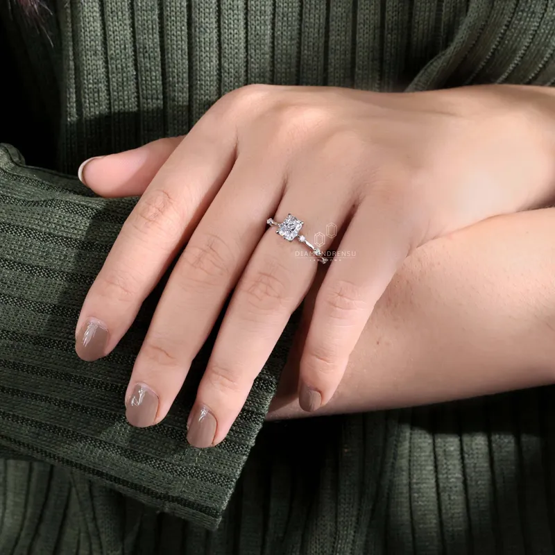 1.01 CT Radiant Cut E/VS Lab Created Diamond Engagement Ring, Distance Pave Setting Ring vy 2