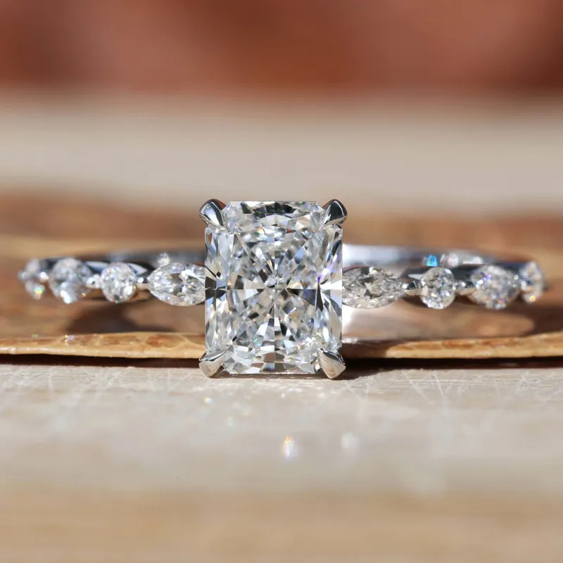 1.01 CT Radiant Cut Lab Grown Diamond Engagement Ring, Side Marquise and Round Cut Floating Bubble Pave Set Ring round cut engagement ring