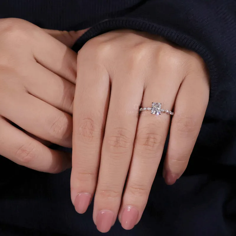 1.01 CT Radiant Cut Lab Grown Diamond Engagement Ring, Side Marquise and Round Cut Floating Bubble Pave Set Ring view 3