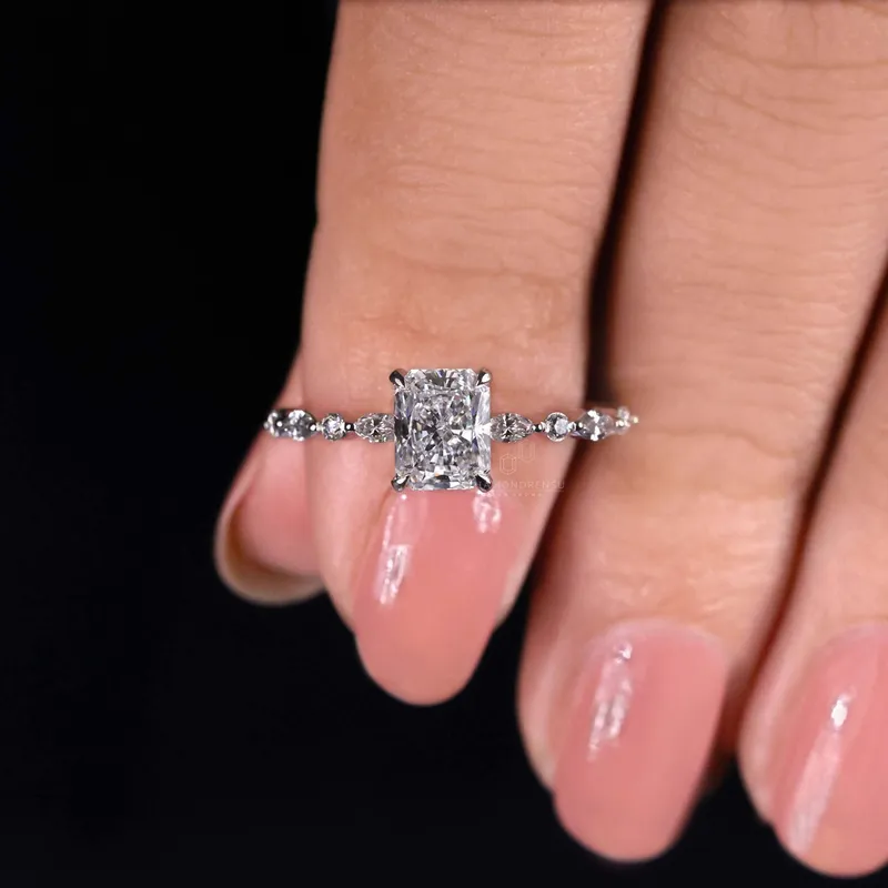 1.01 CT Radiant Cut Lab Grown Diamond Engagement Ring, Side Marquise and Round Cut Floating Bubble Pave Set Ring view 8