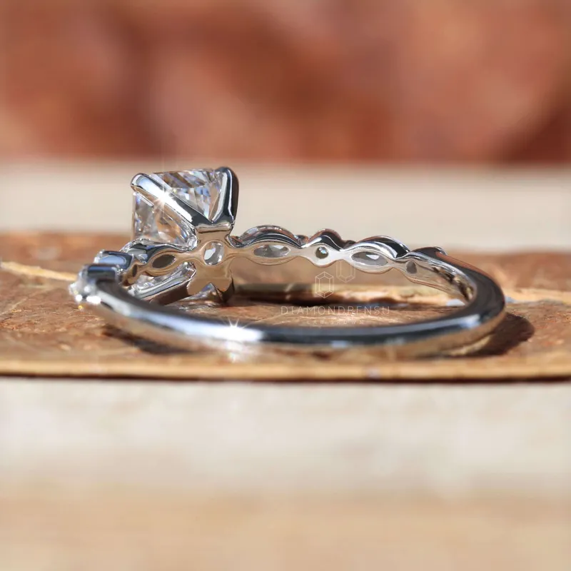 1.01 CT Radiant Cut Lab Grown Diamond Engagement Ring, Side Marquise and Round Cut Floating Bubble Pave Set Ring view 6