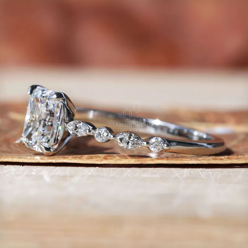 1.01 CT Radiant Cut Lab Grown Diamond Engagement Ring, Side Marquise and Round Cut Floating Bubble Pave Set Ring view 4