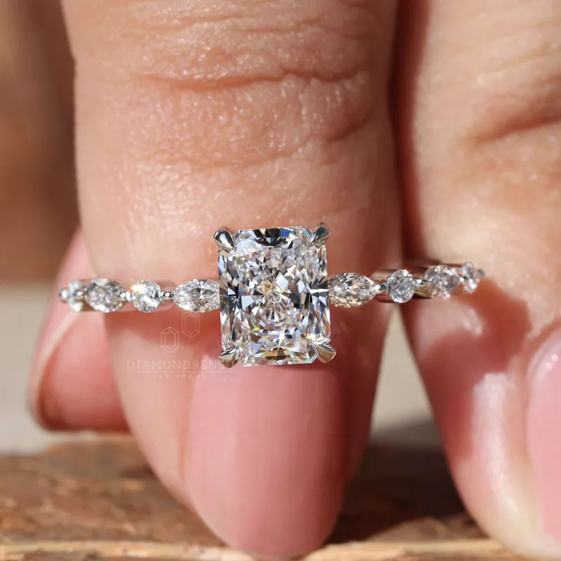 1.01 CT Radiant Cut Lab Grown Diamond Engagement Ring, Side Marquise and Round Cut Floating Bubble Pave Set Ring view 5