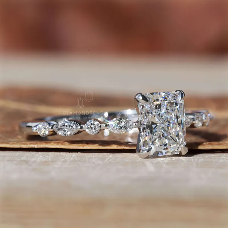 1.01 CT Radiant Cut Lab Grown Diamond Engagement Ring, Side Marquise and Round Cut Floating Bubble Pave Set Ring view 2