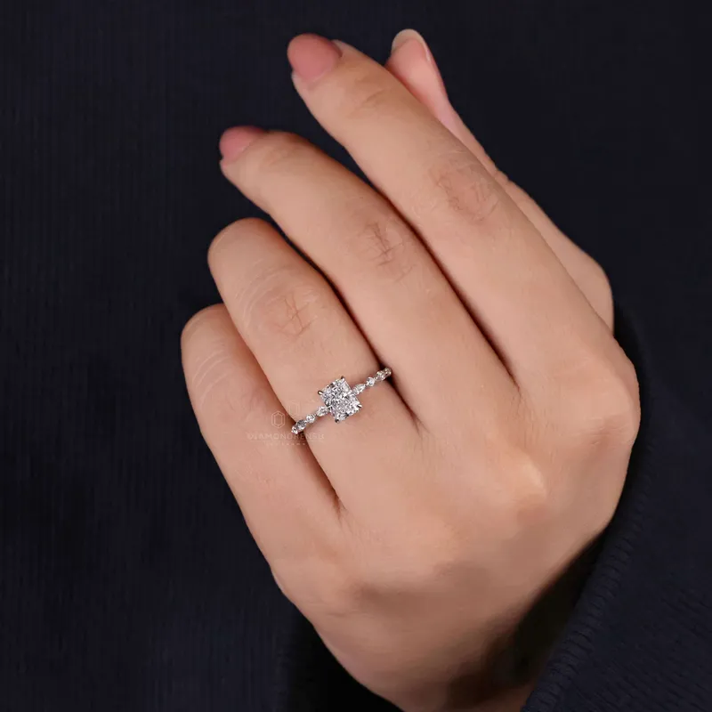 1.01 CT Radiant Cut Lab Grown Diamond Engagement Ring, Side Marquise and Round Cut Floating Bubble Pave Set Ring view 9