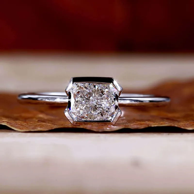 1.01 CT Radiant Cut Lab Grown Diamond Ring, Half Bezel East to West Setting engagement ring