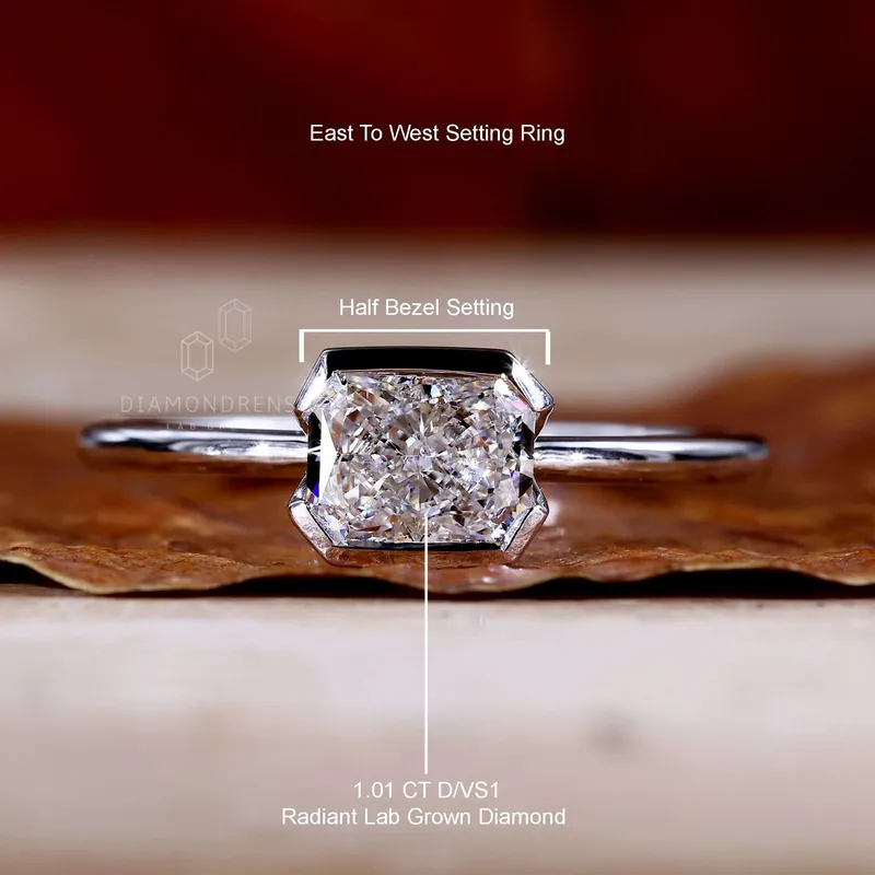 1.01 CT Radiant Cut Lab Grown Diamond Ring, Half Bezel East to West Setting vy 9