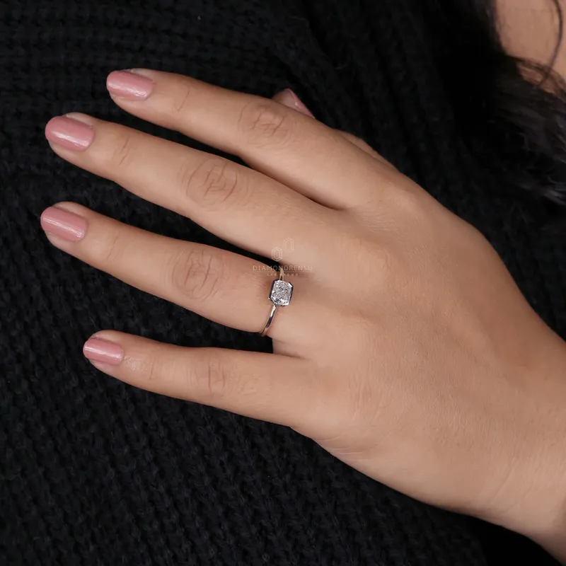 1.01 CT Radiant Cut Lab Grown Diamond Ring, Half Bezel East to West Setting vy 7