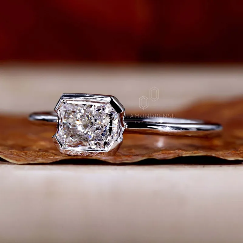 1.01 CT Radiant Cut Lab Grown Diamond Ring, Half Bezel East to West Setting vy 5