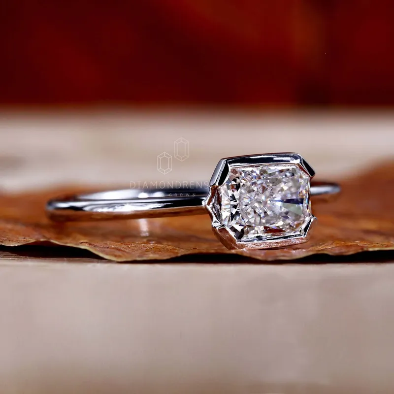 1.01 CT Radiant Cut Lab Grown Diamond Ring, Half Bezel East to West Setting vy 2